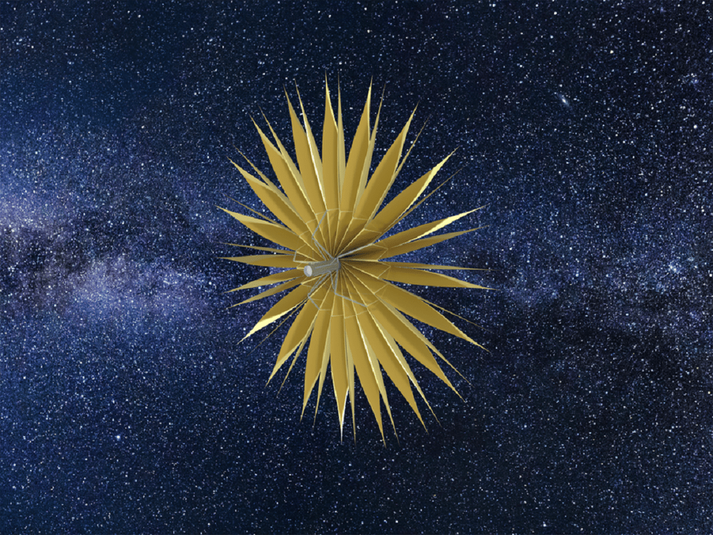 A fully-deployed gold starshade in the vast, starry landscape of space.