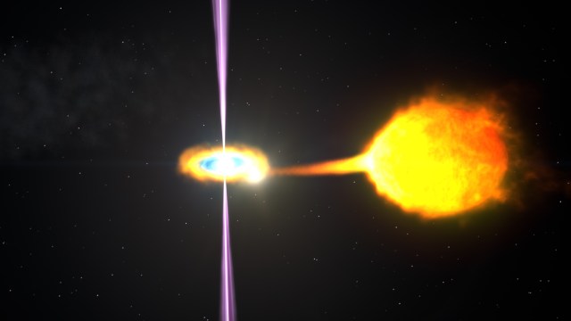 An illustration of an accreting pulsar, or a type of powerful, rotating neutron star actively feeding off a companion star.