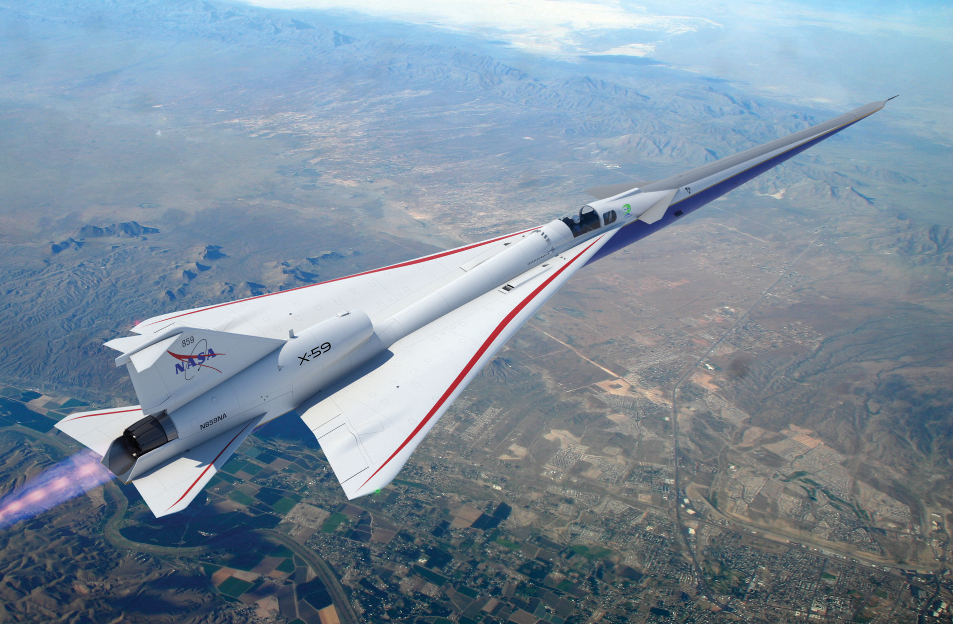 Artist illustration of the X-59 aircraft in flight over land.