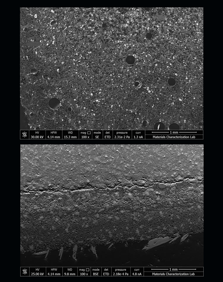 These images compare cement pastes mixed in space (above) and on the ground (below). The sample from space shows more porosity, or open spaces in the material, affecting concrete strength.