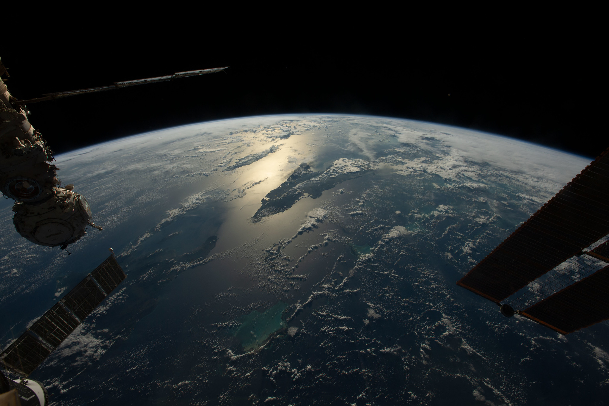 image of the Caribbean Sea and Atlantic Ocean, with Cuba and Haiti in the foreground, are visible in this photograph from the International Space Station as it orbits 258 miles above. 