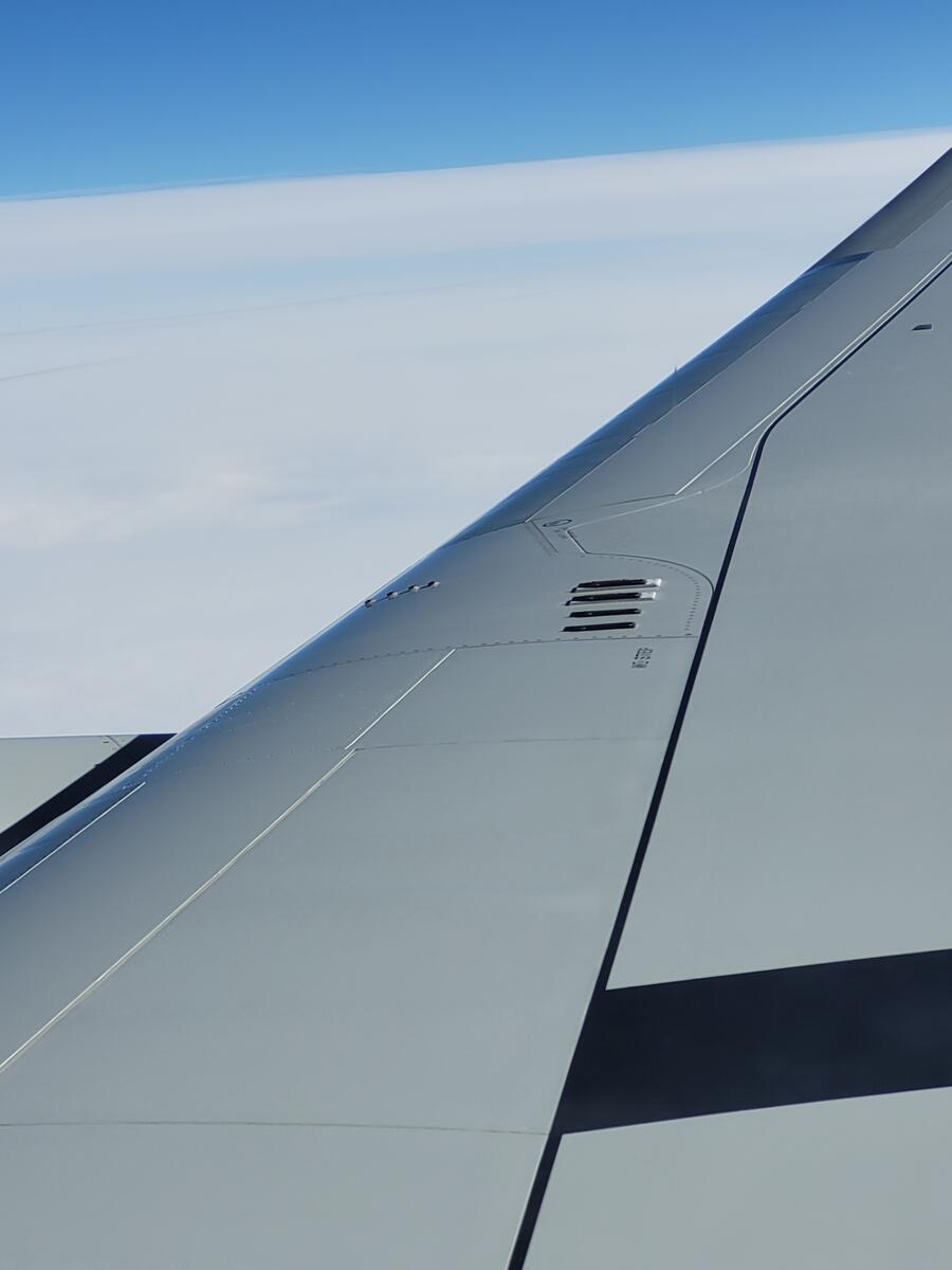 A view of Boeing's four SMART vortex generators fully stowed during higher altitudes.
