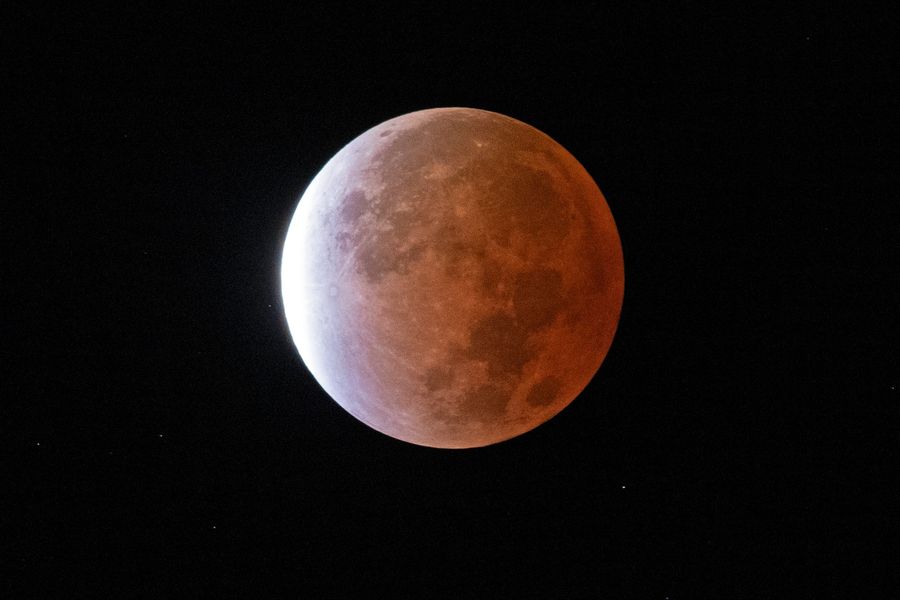 A nearly total eclipse of a full moon that has a red shade to it.
