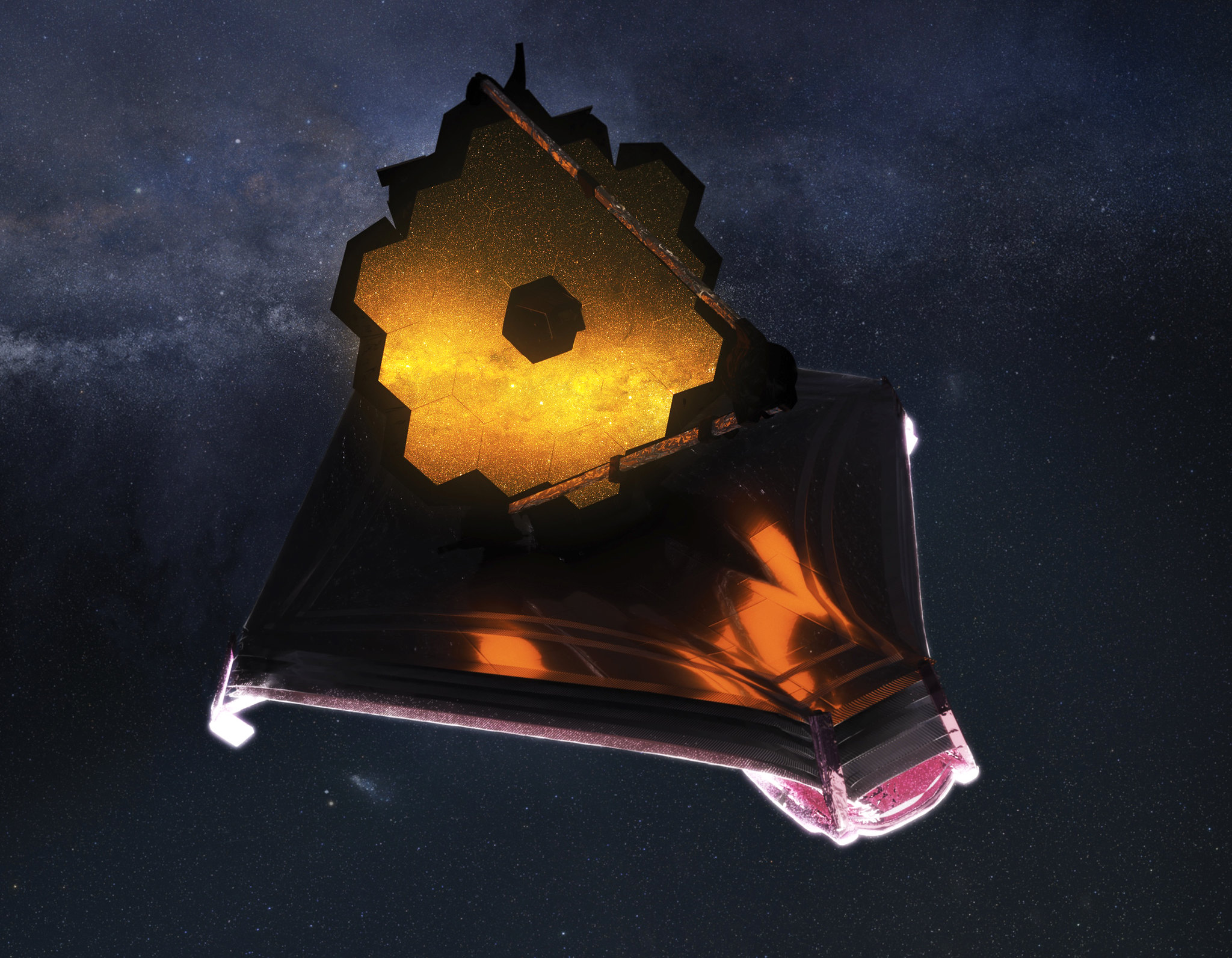 This illustration depicts NASA’s James Webb Space Telescope, fully deployed in space.