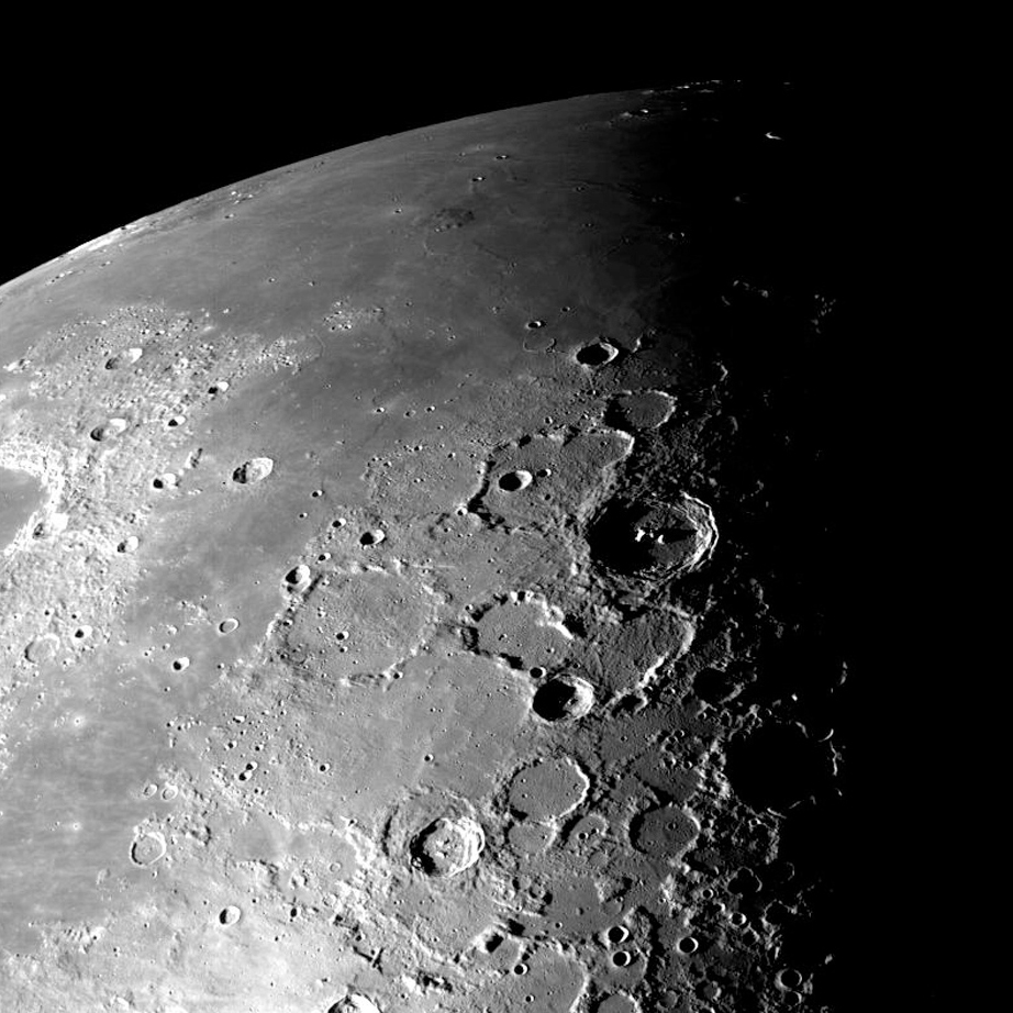 This view of the north polar region of the Moon was obtained by Galileo's camera during the spacecraft's flyby of the Earth-Moon system on December 7 and 8, 1992.