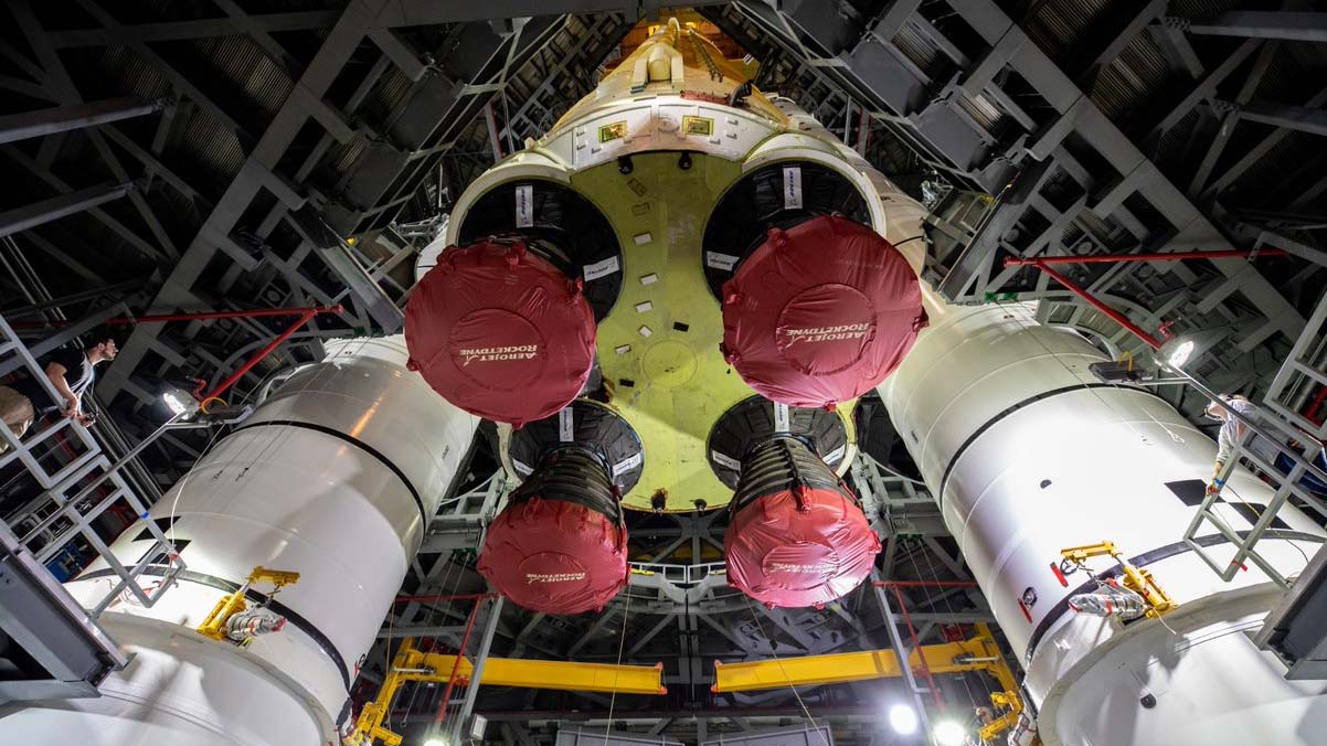 The core stage of the Space Launch System (SLS) rocket for NASA’s Artemis I mission has been placed on the mobile launcher in between the twin solid rocket boosters inside the Vehicle Assembly Building (VAB) at NASA’s Kennedy Space Center.