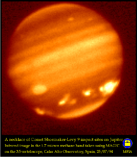 Necklace of comet impact sites from Shoemaker Levy 9 on Jupiter