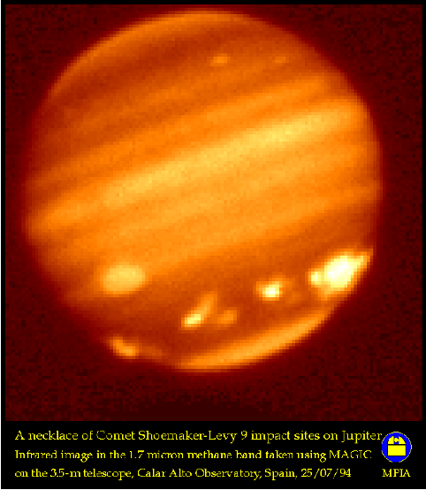 Necklace of comet impact sites from Shoemaker Levy 9 on Jupiter