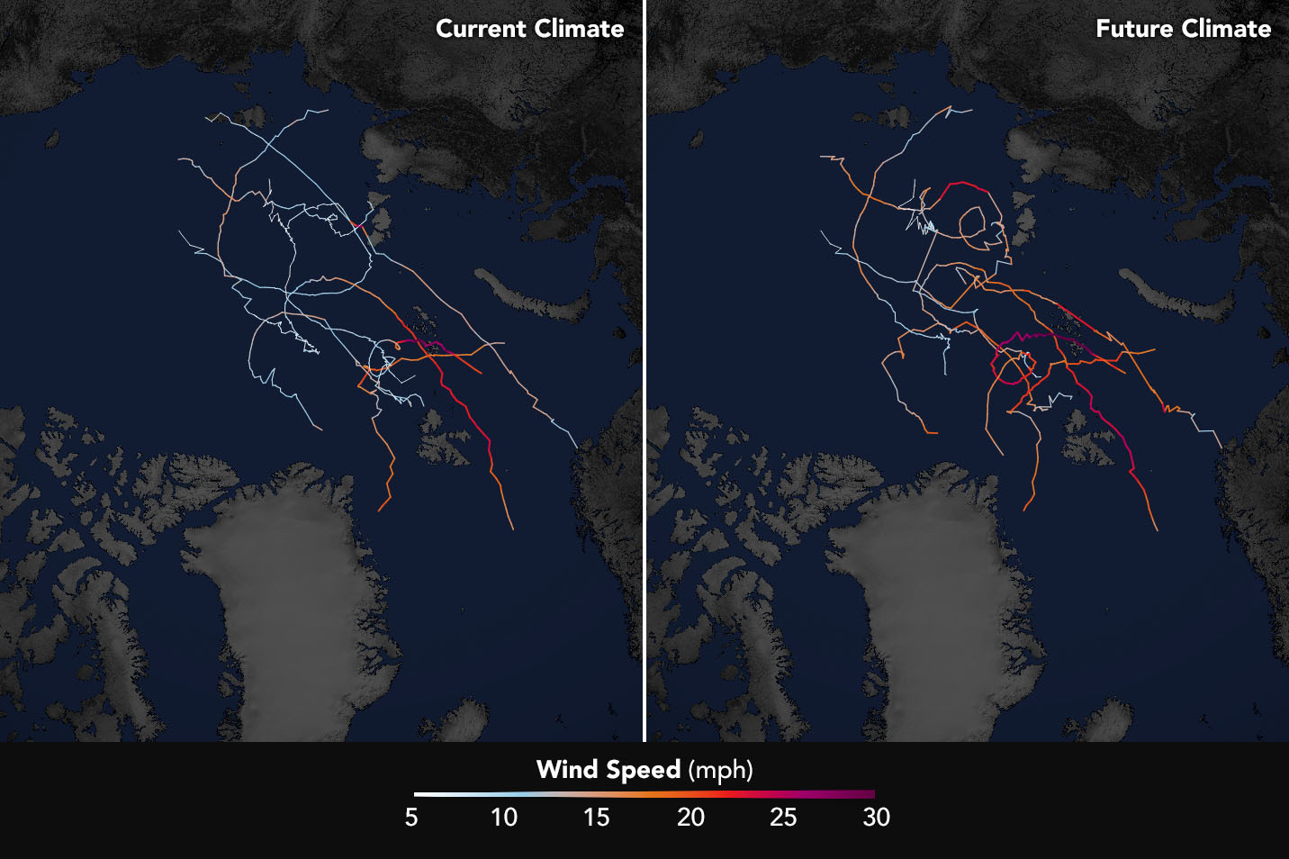 Two maps show simulated storm tracks and wind speeds of nine cyclones that hit the Arctic in the past decade and how those tracks and speeds are predicted to change by the end of the century. 