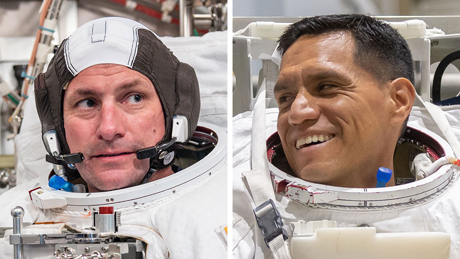 NASA astronauts (from left) Josh Cassada and Frank Rubio are pictured during spacewalk training at NASA's Johnson Space Center.