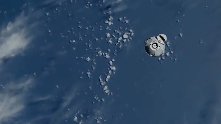 The SpaceX Dragon space freighter, carrying over 7,700 pounds of cargo, is pictured approaching the space station for a docking on Sunday, Nov. 27, 2022. Credit: NASA TV