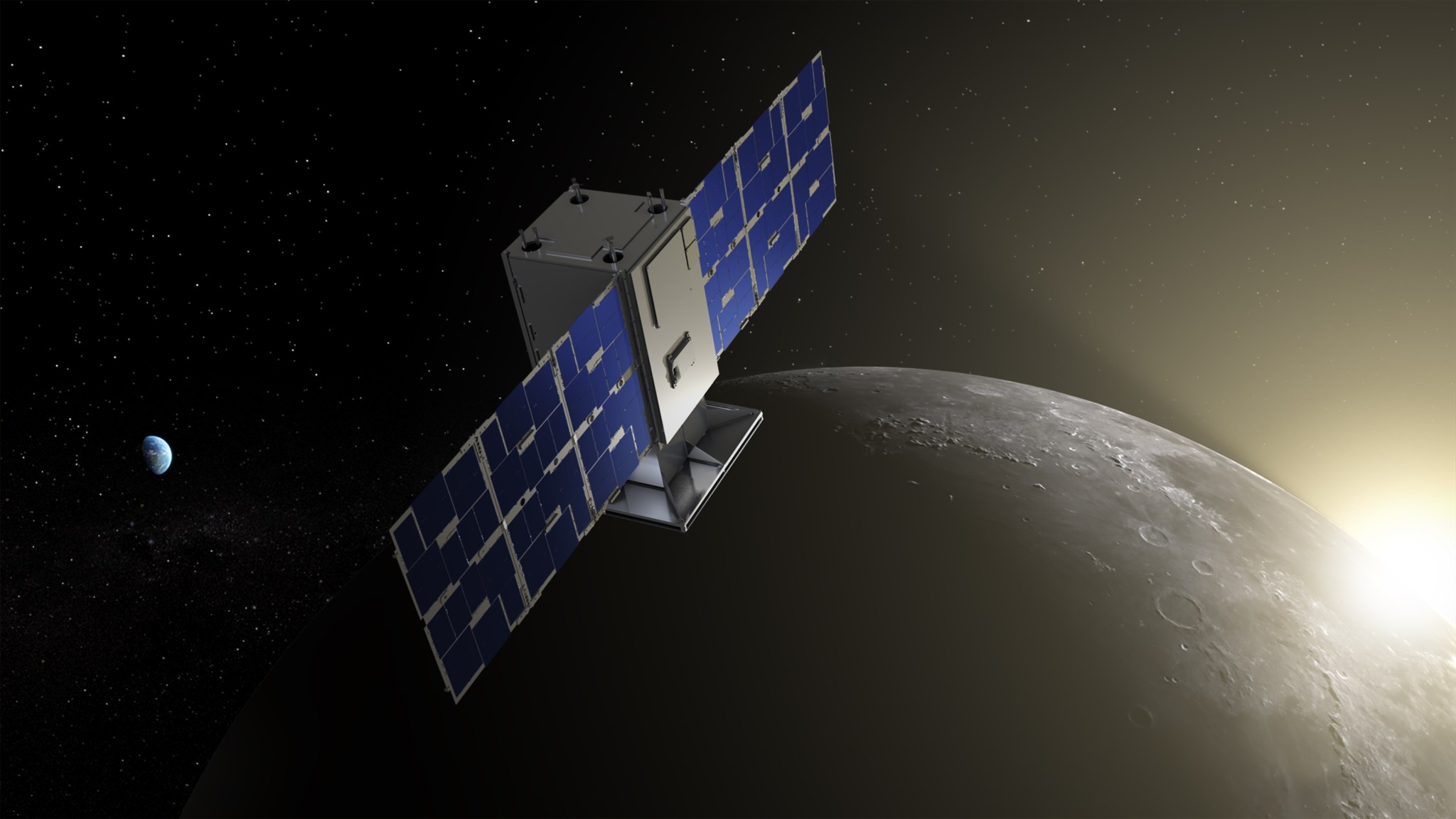 The capstone spacecraft with solar panels open on either side is lit on one side by the sun which is peeking out in the background from behind the darkened Earth.