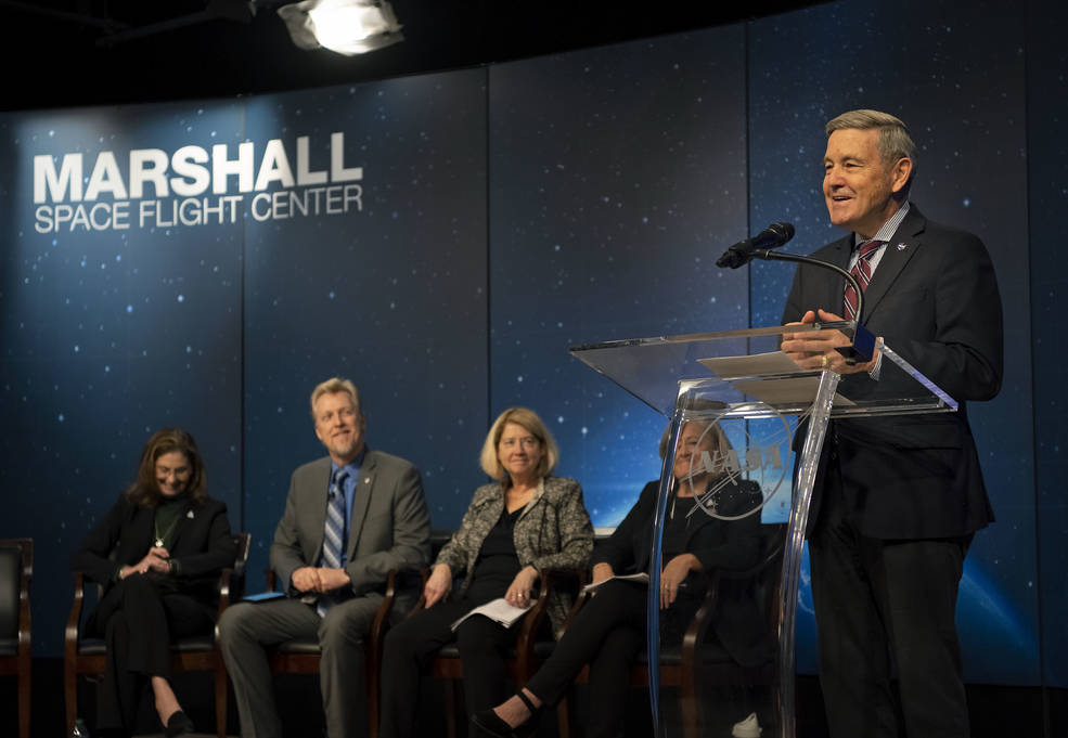 NASA Associate Administrator Bob Cabana speaks during the Nov. 28 town hall at Marshall Space Flight Center. 