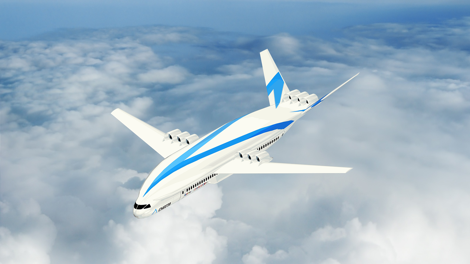 Artist illustration of the CHEETA's unique aircraft design protoype, a blue and white aircraft, in flight above the clouds.