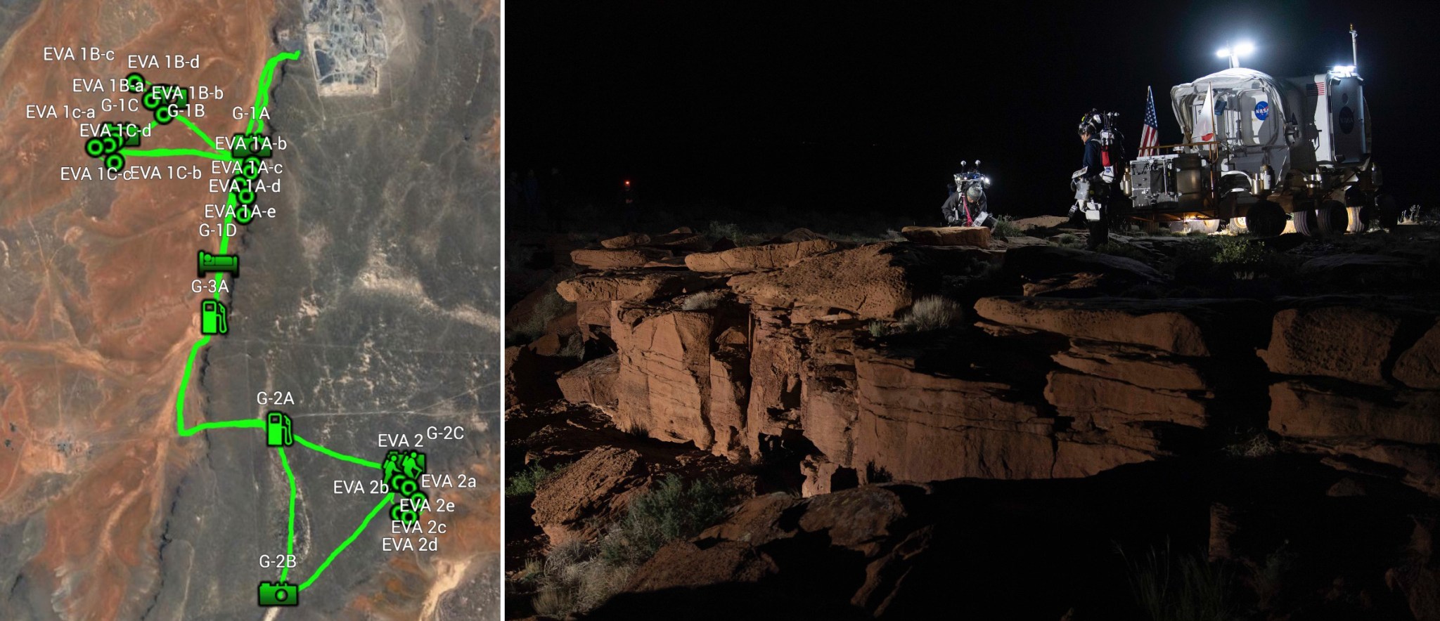 Left: One of the D-RATS traverses indicates the rover’s planned route and stops; Right: D-RATS crew members Naofumi Ikeda and Norishige Kanai conduct their first simulated moonwalk as part of their three-day mission.