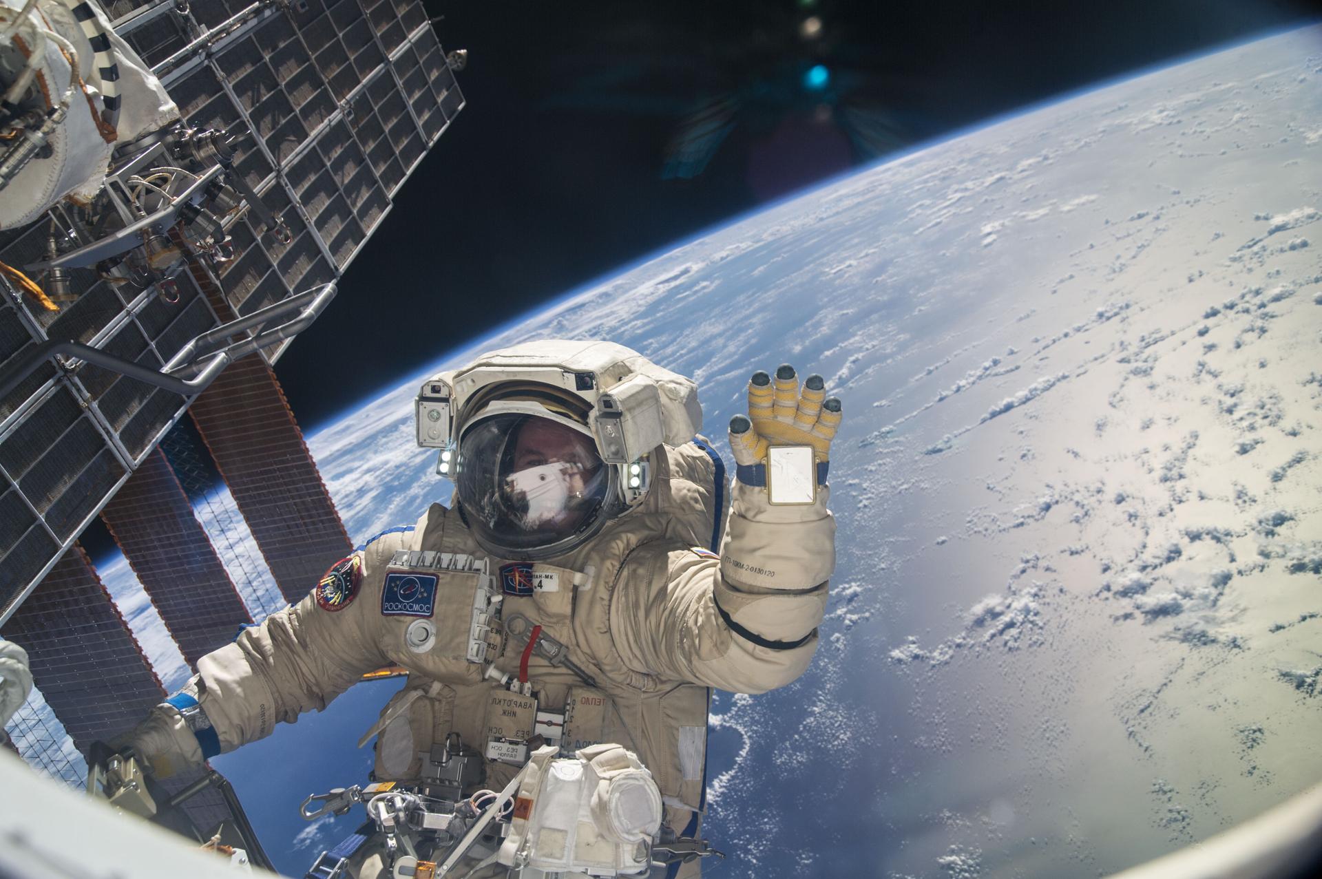Russian cosmonaut Sergey Ryazanskiy, is pictured during a session of extravehicular activity (EVA) in support of assembly and maintenance on the International Space Station.