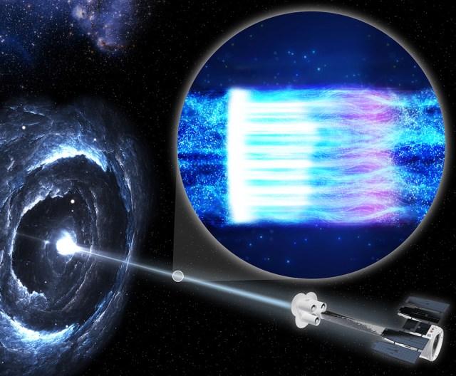 A black hole surrounded by an accretion disk with a jet protruding out of it, and a zoomed-in view of the jet showing different kinds of light being emitted after the particles hit the shock wave.