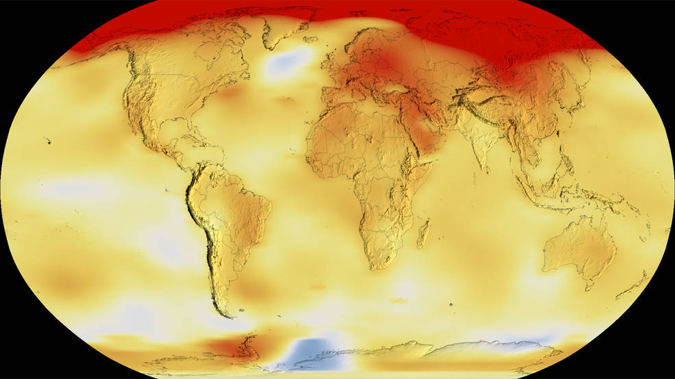 A flattened map of the globe depicts data about global temperatures in hues of red to yellow. The top of the map is stark red that spreads into northern Asia and becomes more orange toward Europe and China. The bottom of the map includes a noticeable red spot where Antarctica reaches toward South America. The rest of the map is a gradient of white, light yellow, darker yellows, and orange.