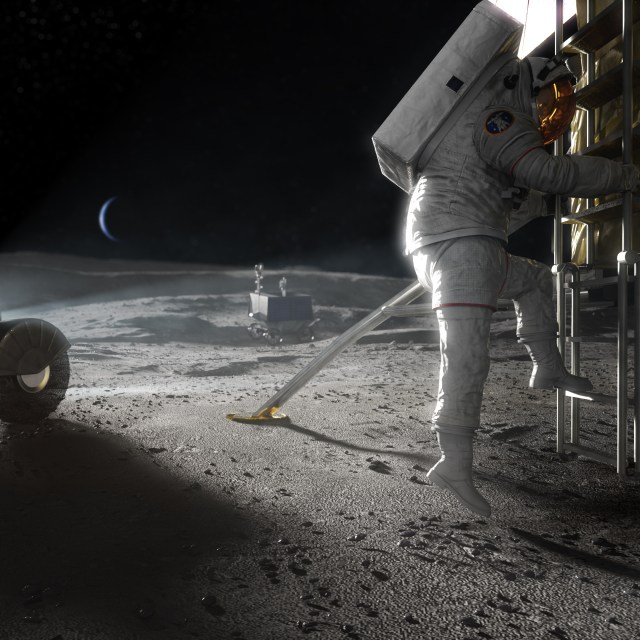 Artist concept of Artemis astronaut stepping onto the Moon.