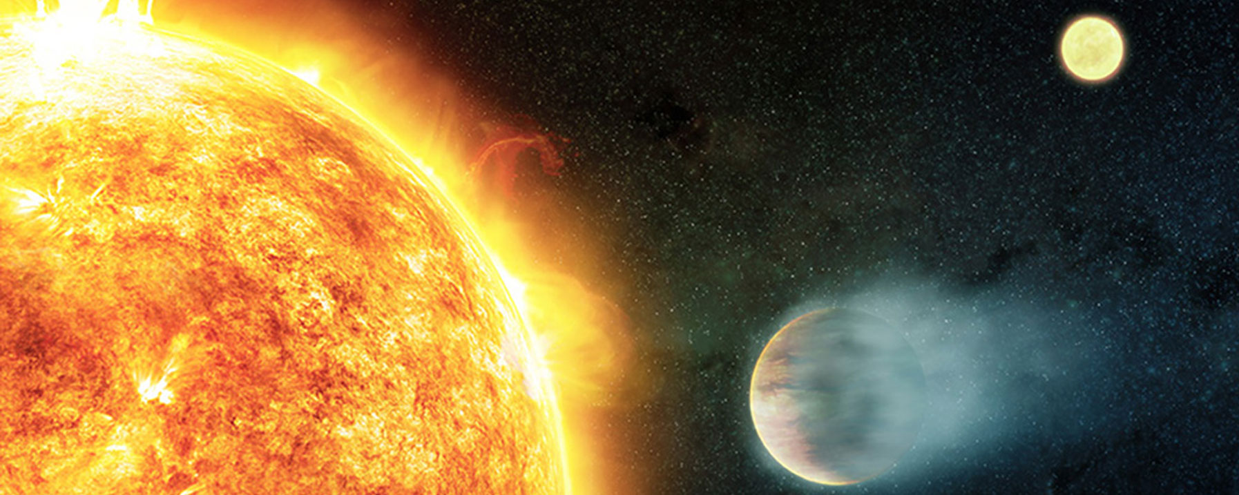 An artist’s illustration shows a gas giant planet (lower right) closely orbiting its host star (left), with another star in the distance (upper right). The two stars are themselves in orbit with each other.
