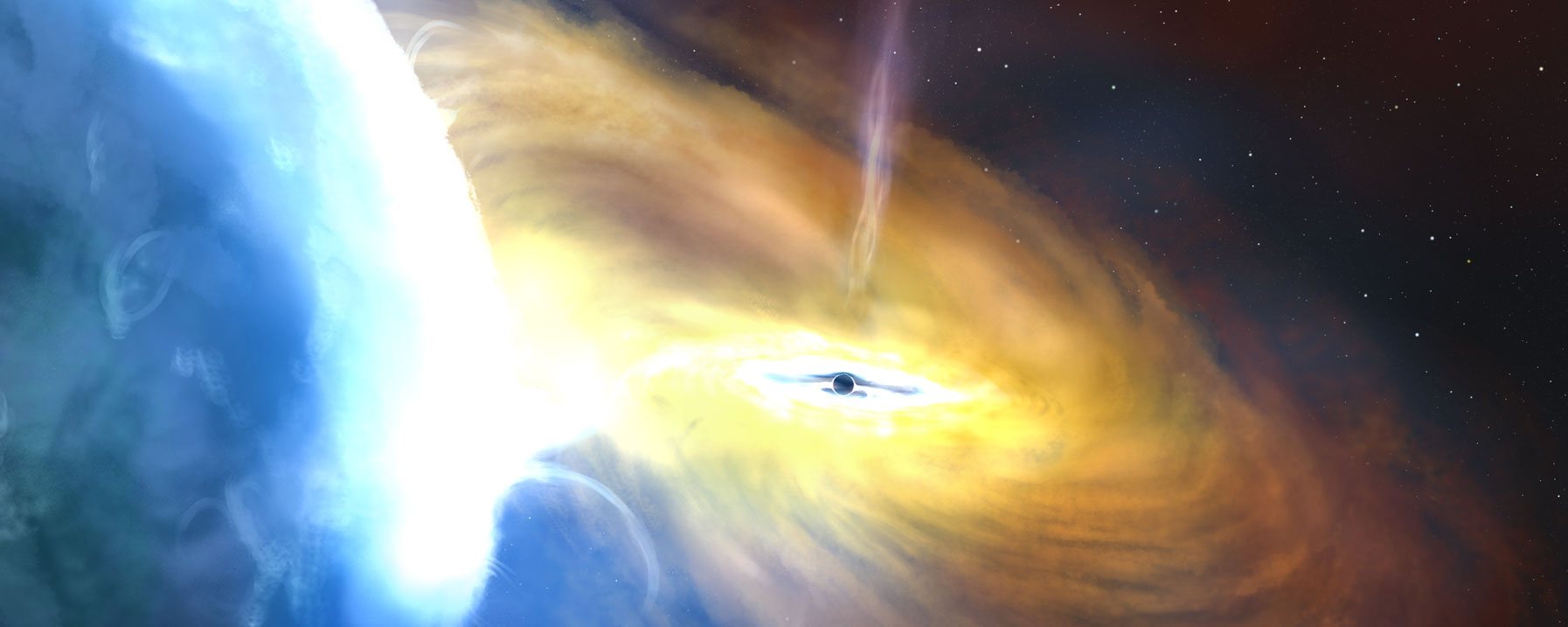 This illustration shows the Cygnus X-1 system, located more than 6,000 light-years from Earth. The black hole is shown at the center and its companion star is depicted on the left. 