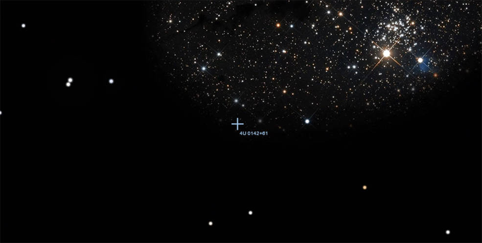 Esta foto muestra la posición del magnetar 4U 0142+61 en el universo. El magnetar es una estrella de neutrones situada en la constelación de Casiopea, a unos 13.000 años luz de distancia de la Tierra. Créditos: Roberto Taverna
