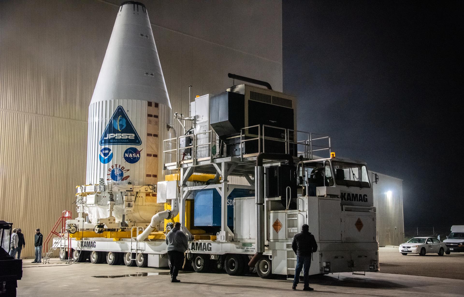 The United Launch Alliance Atlas V payload fairing containing the National Oceanic and Atmospheric Administration’s (NOAA) Joint Polar Satellite System-2 (JPSS-2) is readied at Space Launch Complex 3 at Vandenberg Space Force Base.