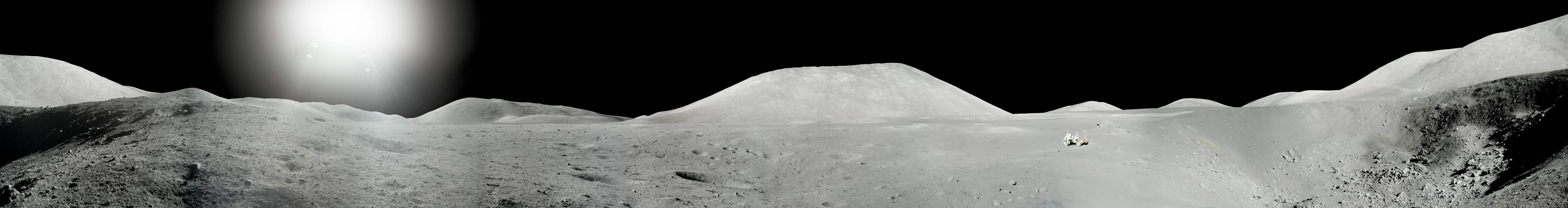 A panoramic view from Station 4, taken during the second Apollo 17 Extravehicular Activity (EVA). Astronaut Dr. Harrison 