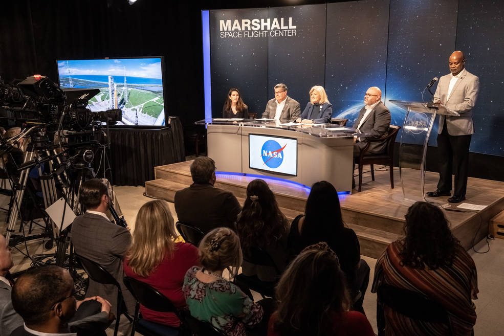 Marshall Space Flight Center leaders address center team members during a hybrid town hall Nov. 8. 