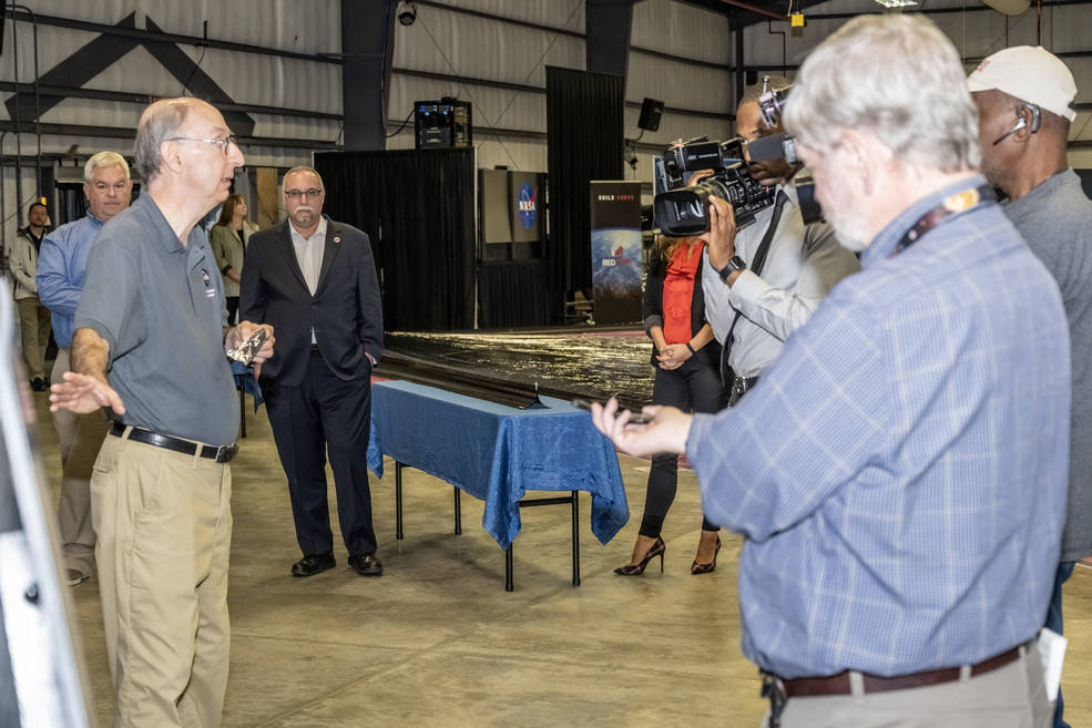Les Johnson, NASA’s principal investigator for Solar Cruiser, discusses the spacecraft during a media event Nov. 9 at NASA’s Marshall Space Flight Center.