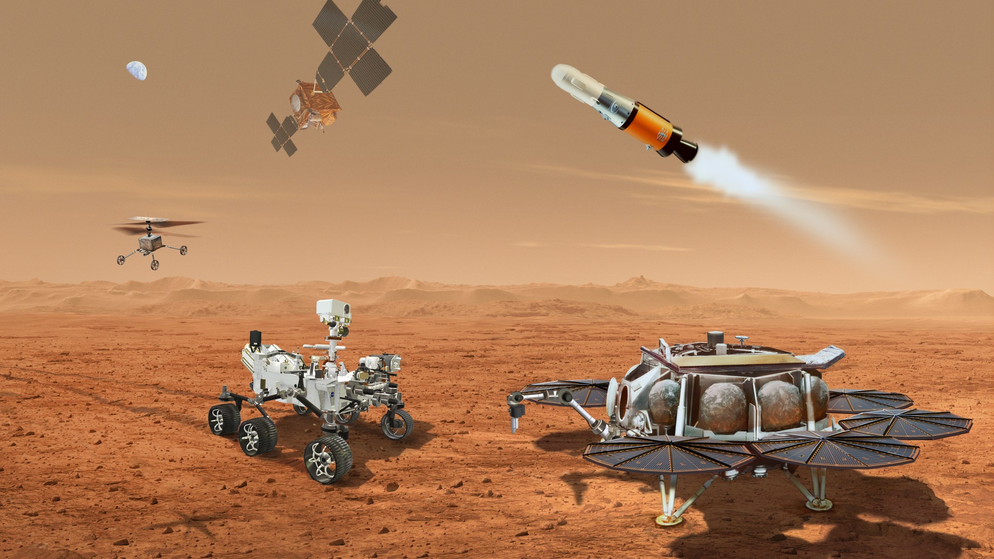 This illustration shows the concept of NASA’s Mars Sample Return mission to ferry to Earth samples collected from the Martian surface by NASA's Mars Perseverance rover.