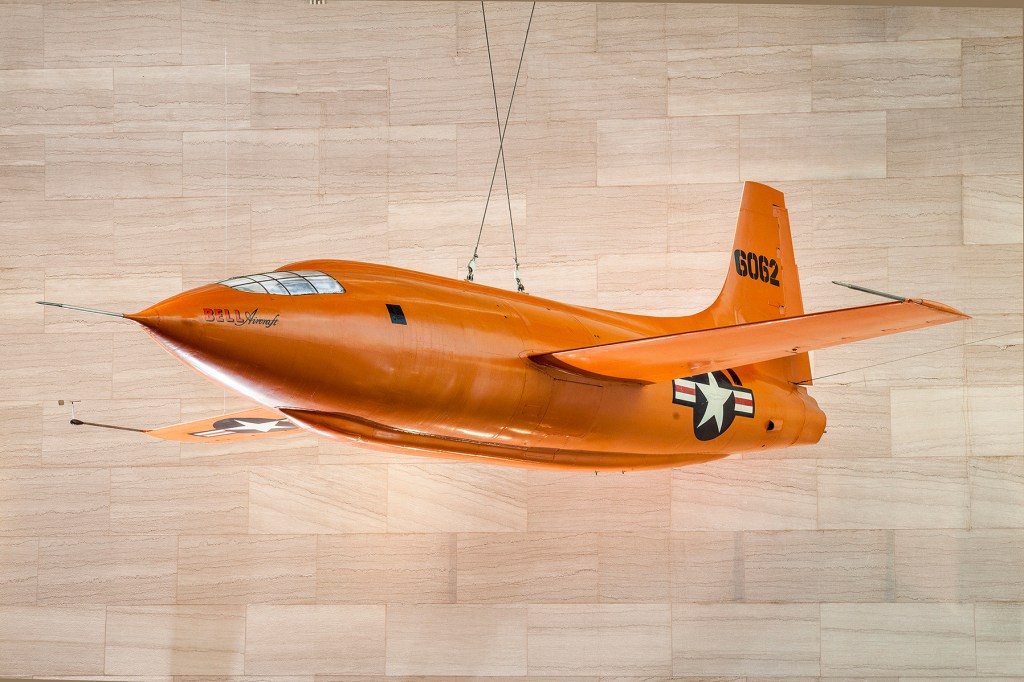The Bell X-1 suspended from the ceiling of the National Air and Space Museum's main gallery in Washington, DC.