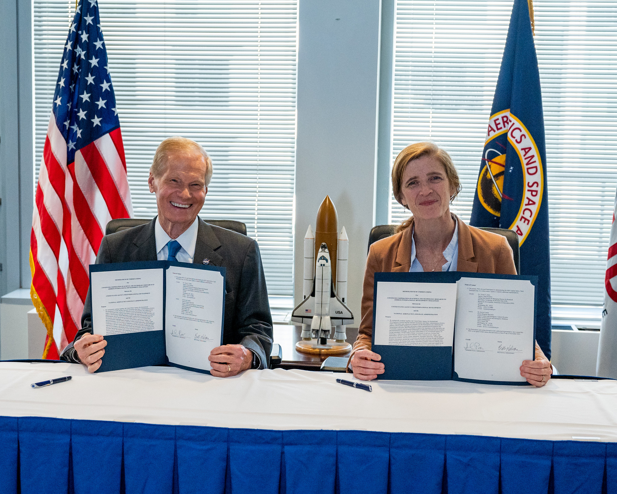 NASA Administrator Bill Nelson and USAID Administrator Samantha Power participate in a NASA-USAID Memorandum of Understanding (MoU) signing ceremony Friday, Nov. 4, 2022, at the Mary W. Jackson NASA Headquarters building in Washington. 