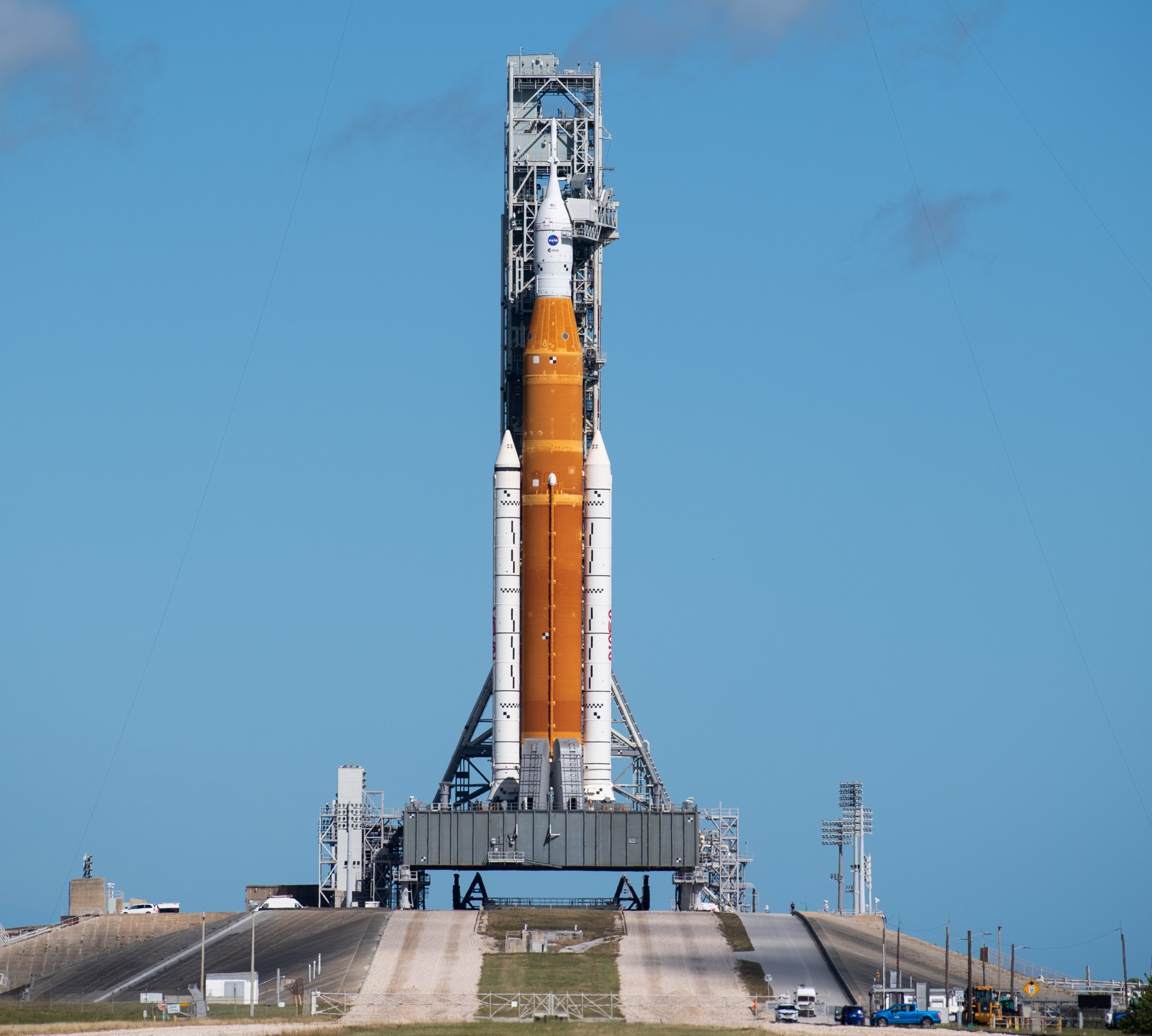 NASA’s Space Launch System (SLS) rocket with the Orion spacecraft aboard is seen atop the mobile launcher at Launch Pad 39B, Friday, Nov. 11, 2022.