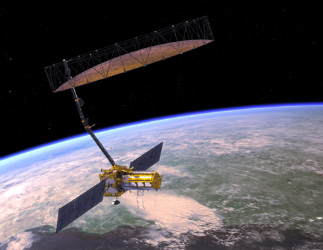 Artist's rendering of the NISAR satellite over Earth. It has a gold body with two purple solar panels extending out both sides and a round dish extending from its top, pointed down at Earth.