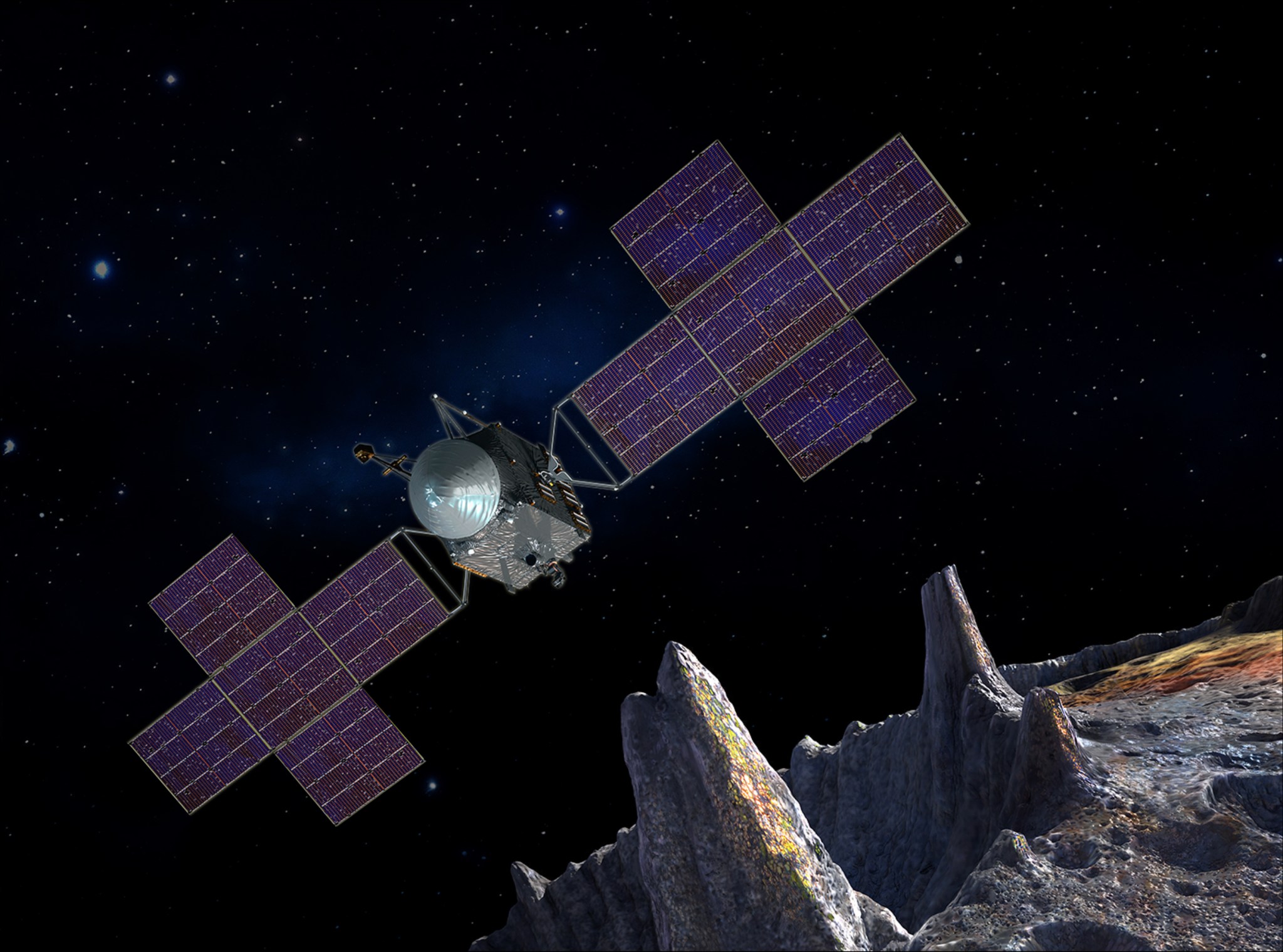 An artist's-concept illustration depicting the spacecraft of NASA's Psyche mission near the mission's target, the metal asteroid Psyche.