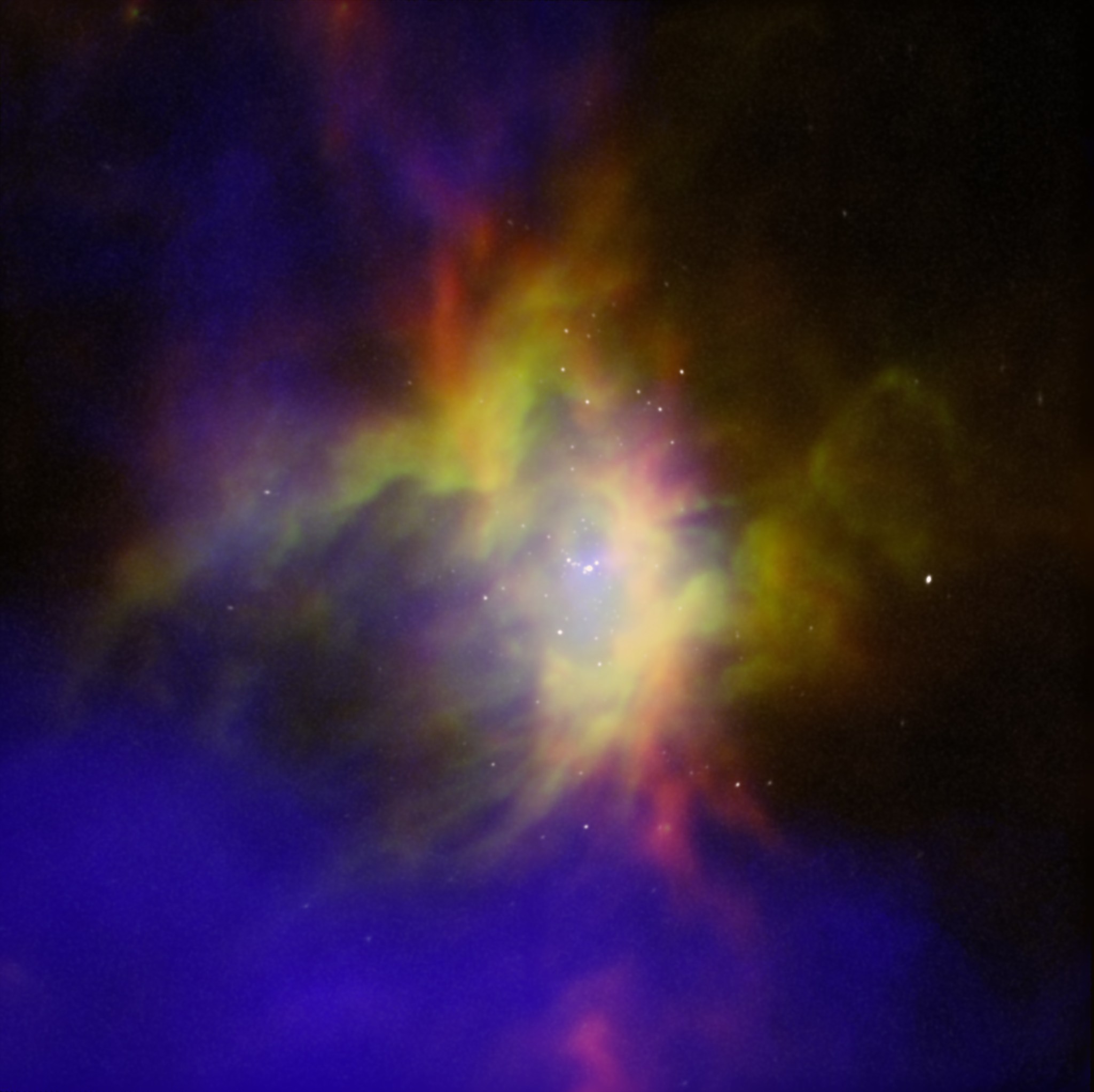 A cluster of stars that make up a ray of colors, raining from blue, green, yellow, red, and pink