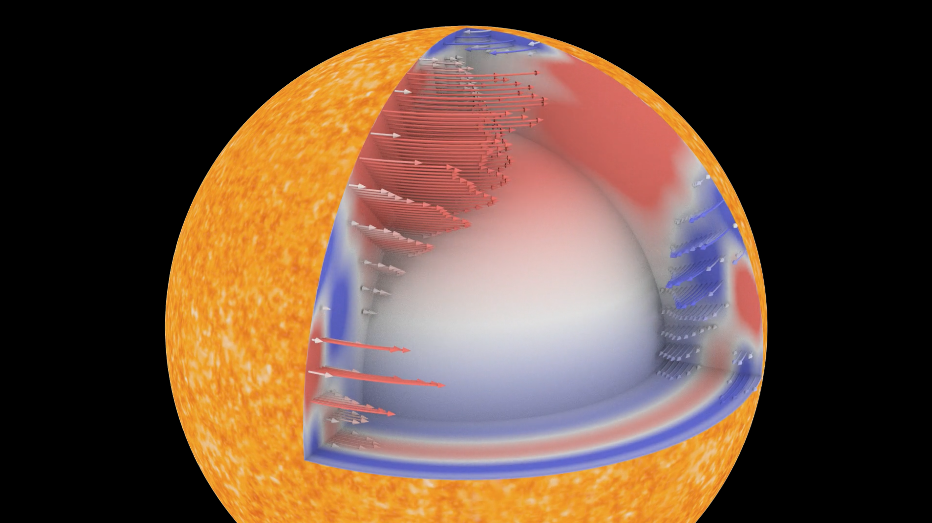 An illustrated graphic showing a cutaway of the sun against a black background.