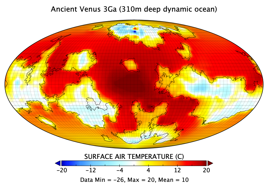 A map of the simulated surface temperature of Venus three billion years ago, with a 310 meter-deep dynamic ocean. 