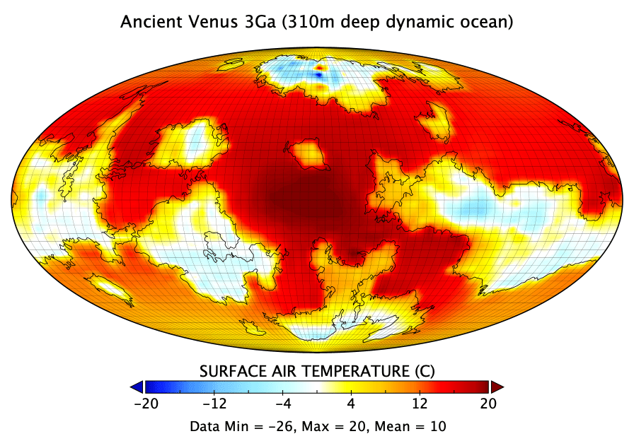 A map of the simulated surface temperature of Venus three billion years ago, with a 310 meter-deep dynamic ocean.