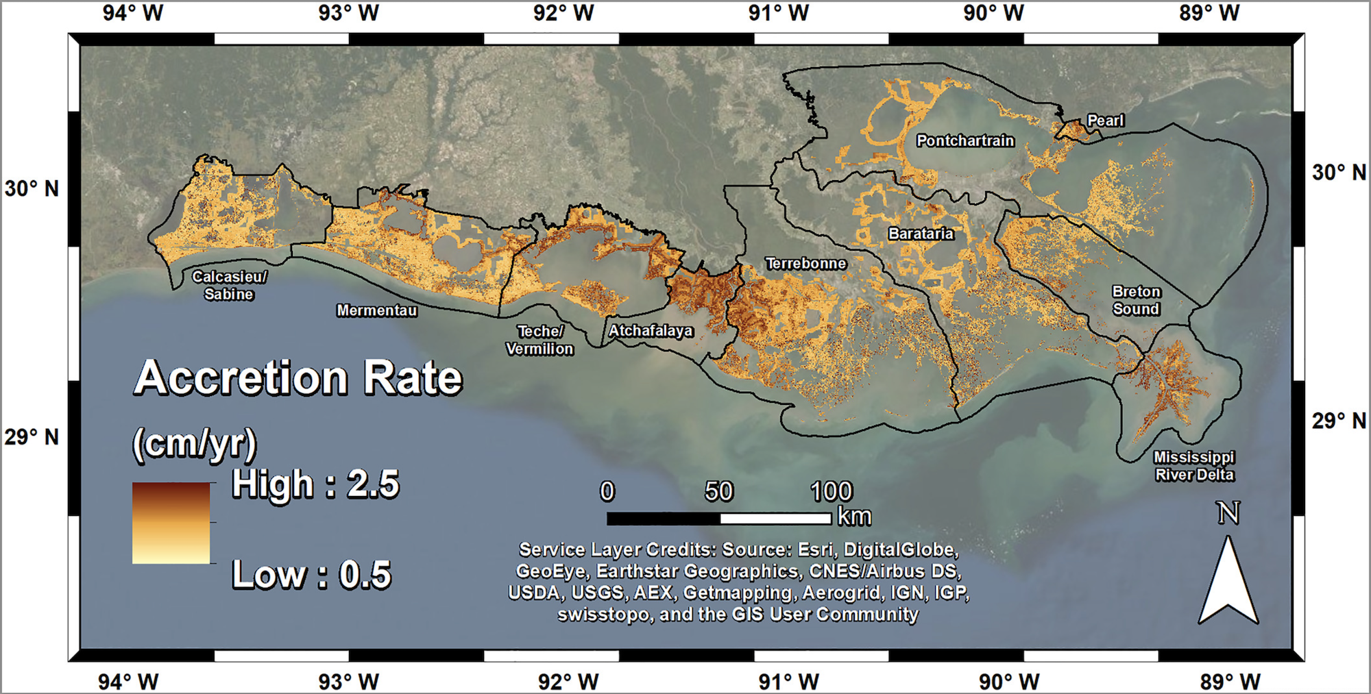 A visual of the Louisiana coastline, showing accretion rates of wetlands in shades from dark orange to yellow.