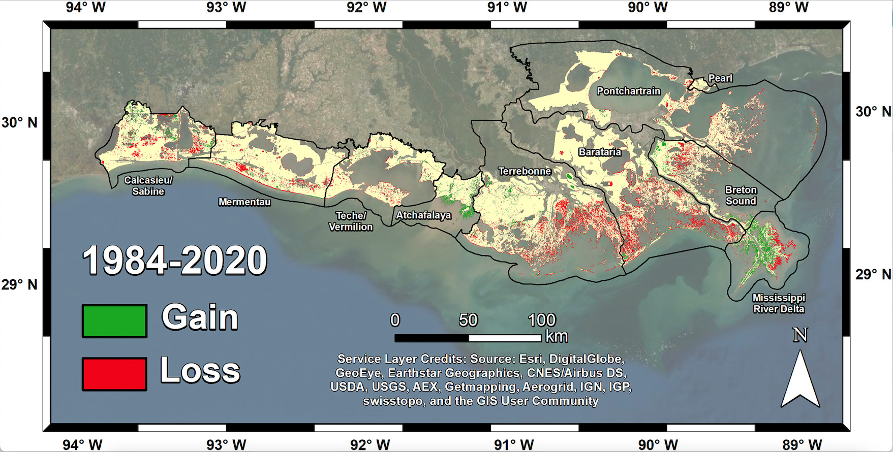 A visual of the Louisiana coastline, showing the gain, in green, or loss, in red, of wetland soil.