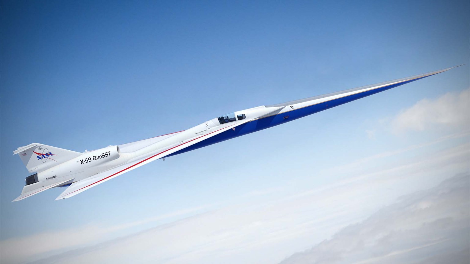 Artist illustration of the X-59 Quiet SuperSonic Technology aircraft, which will soon take skies as NASA’s first purpose-built, supersonic experimental plane in decades.