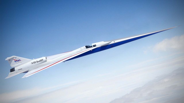 Artist illustration of the X-59 Quiet SuperSonic Technology aircraft in flight.