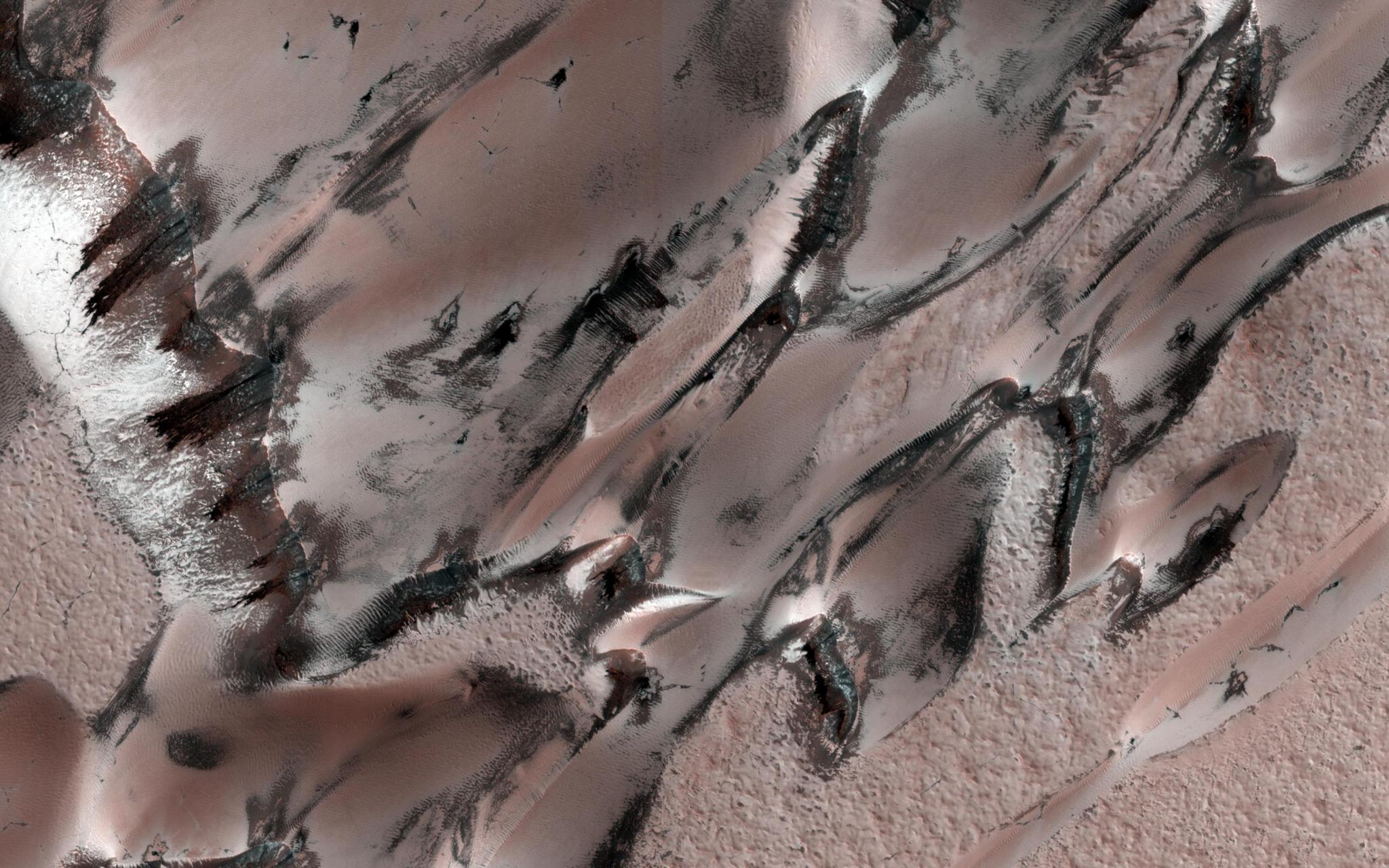 HiRISE captured these “megadunes,” also called barchans. Carbon dioxide frost and ice have formed over the dunes during the winter; as this starts to sublimate during spring, the darker-colored dune sand is revealed.