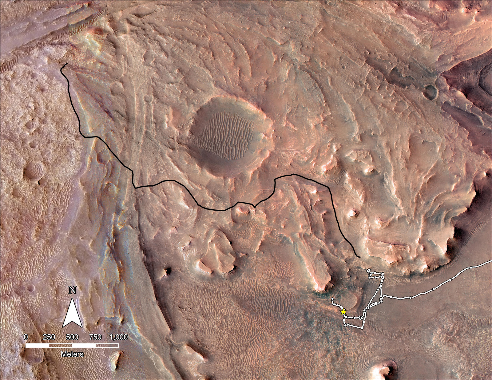 This map shows the planned route NASA’s Perseverance Mars rover will take across the top of Jezero Crater’s delta in 2023. The rover’s planned route is in black while the ground it already covered is in white.