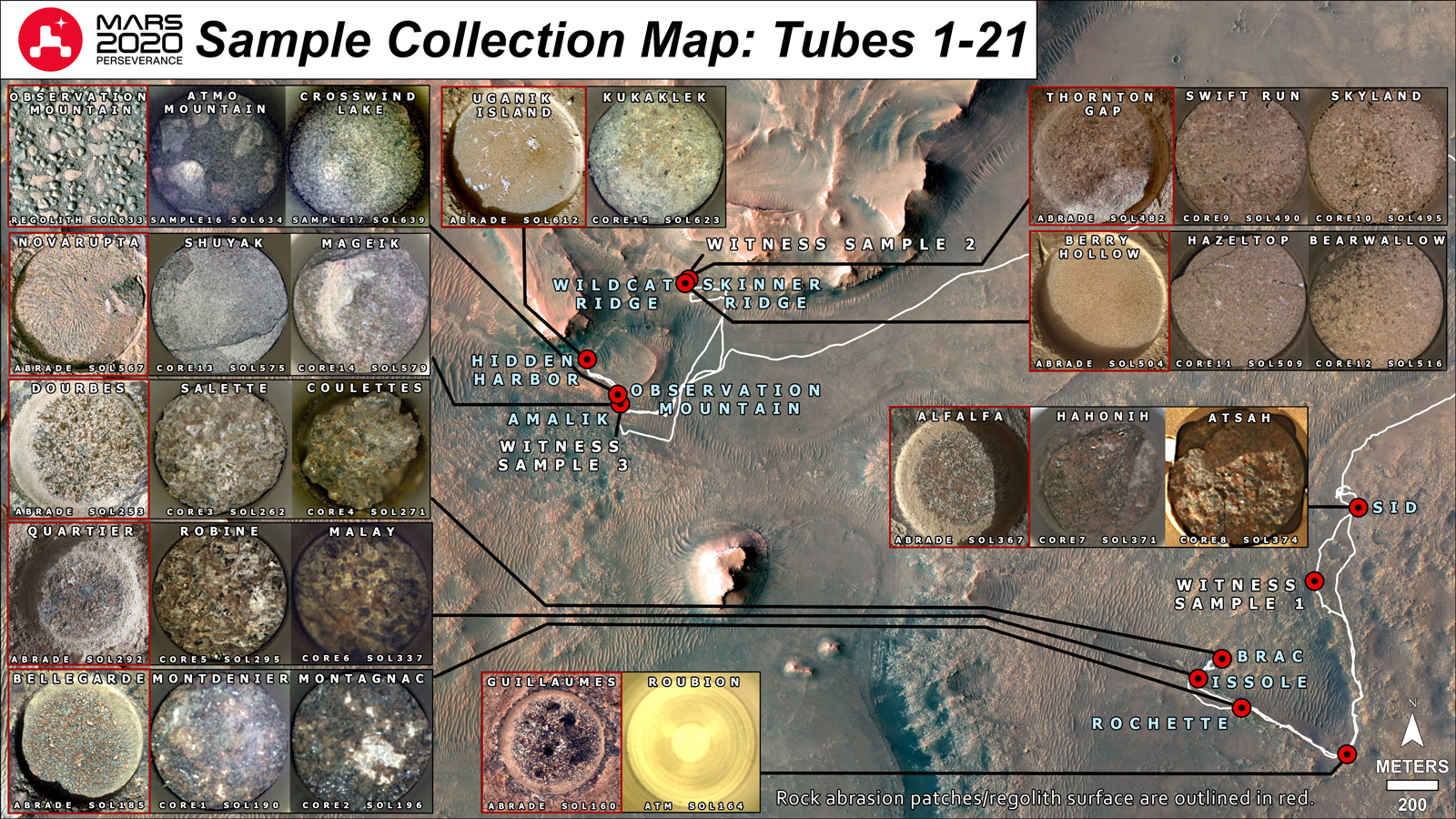 Shown here is a representation of the 21 sample tubes (containing rock, regolith, atmosphere, and witness materials) that have been sealed to date by the Perseverance rover. The samples Perseverance is depositing into a depot are highlighted in green.