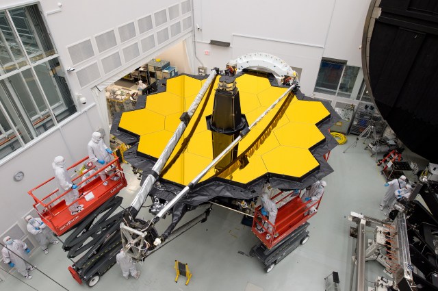 NASA’s James Webb Space Telescope sits folded up in the cleanroom outside of Chamber A at NASA’s Johnson Space Center