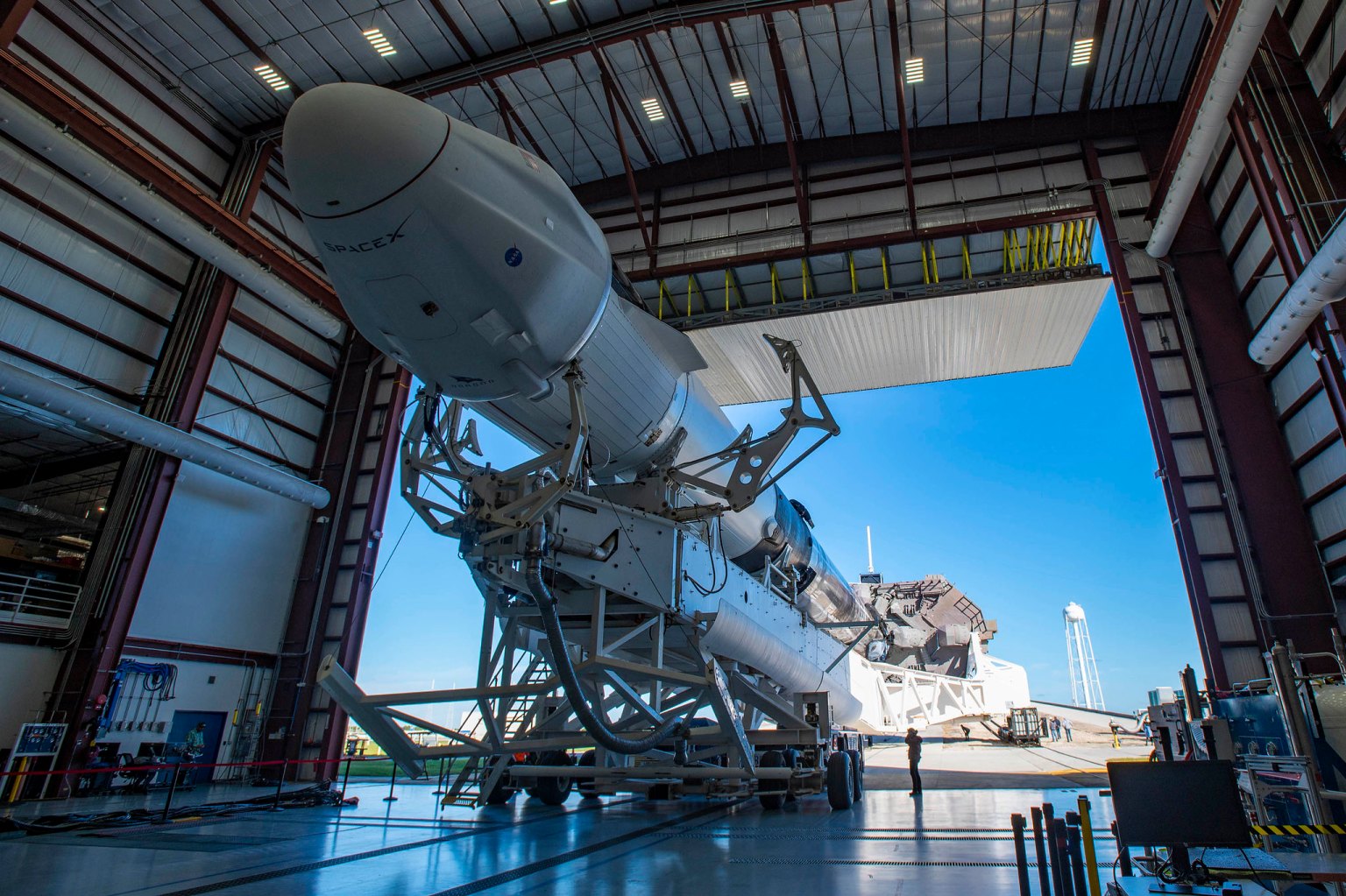 A closeup view of SpaceX cargo Dragon spacecraft inside the hangar at Kennedy Space Center in Florida.