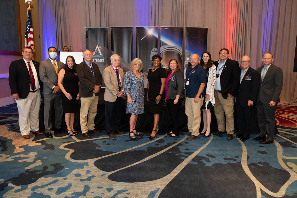 Ten team members from NASA’s Marshall Space Flight Center join center leaders during their recognition as NASA Space Flight Awareness honorees. 